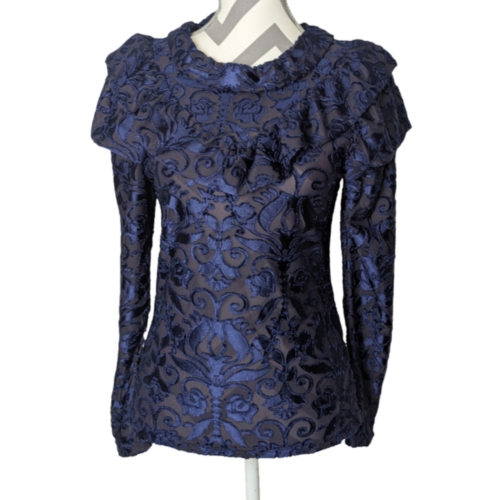 Luminary Women's Top Small Elegant Blue Velvet Victorian Jacquard Long Sleeve - Picture 10 of 10